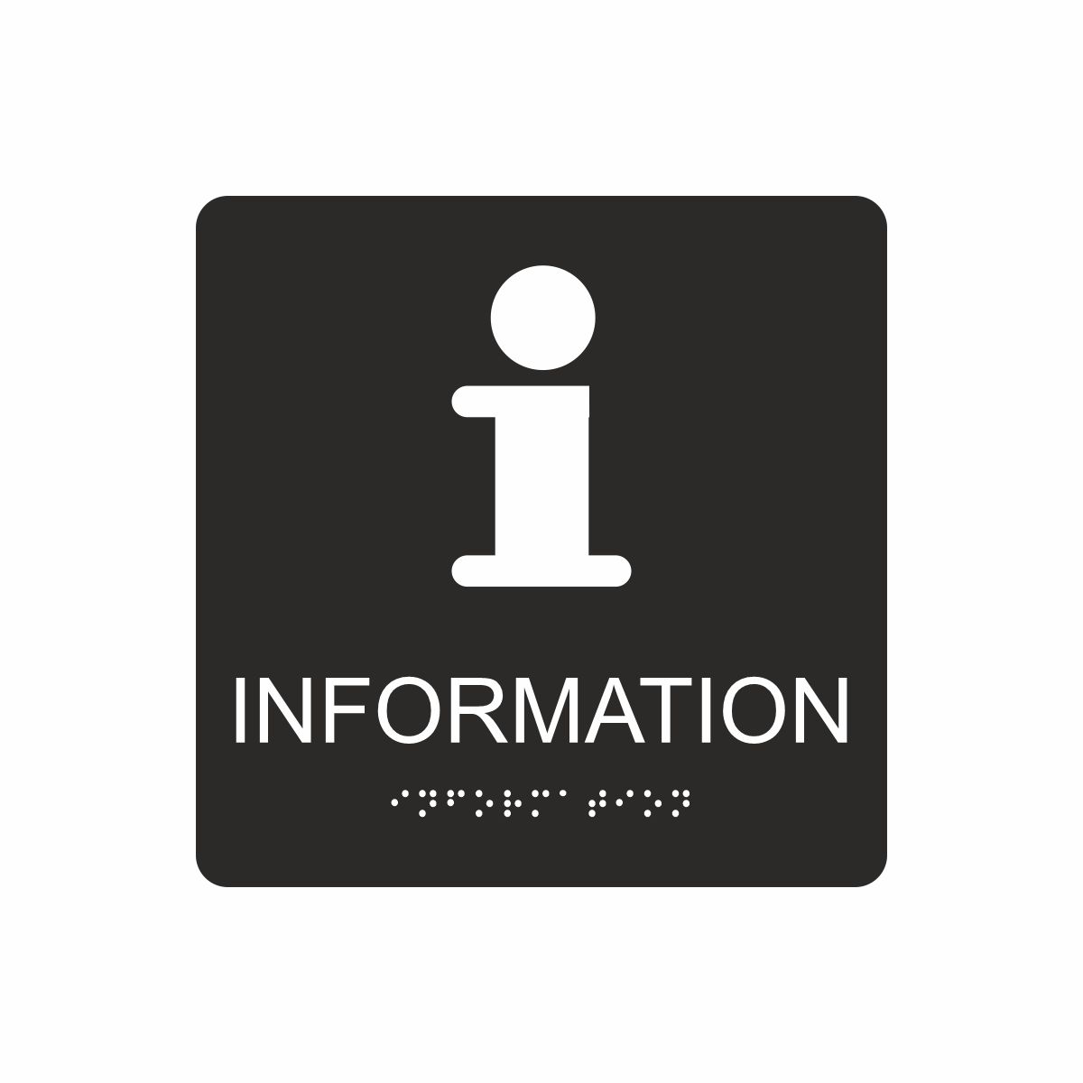 Svart och vit informationsskylt med piktogram av bokstaven i, texten information står under symbolen och punktskrift längst ned