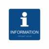 Blå och vit informationsskylt med piktogram av bokstaven i, texten information står under symbolen och punktskrift längst ned