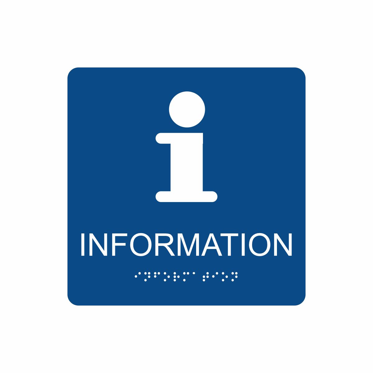 Blå och vit informationsskylt med piktogram av bokstaven i, texten information står under symbolen och punktskrift längst ned