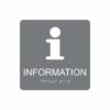 Grå och vit informationsskylt med piktogram av bokstaven i, texten information står under symbolen och punktskrift längst ned