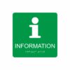 Grön och vit informationsskylt med piktogram av bokstaven i, texten information står under symbolen och punktskrift längst ned