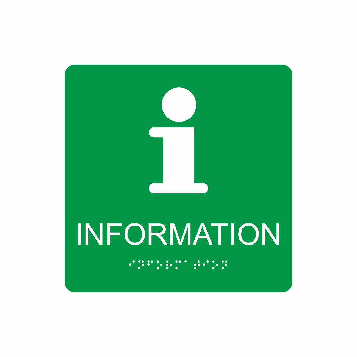 Grön och vit informationsskylt med piktogram av bokstaven i, texten information står under symbolen och punktskrift längst ned