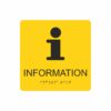 Gul och svart informationsskylt med piktogram av bokstaven i, texten information står under symbolen och punktskrift längst ned