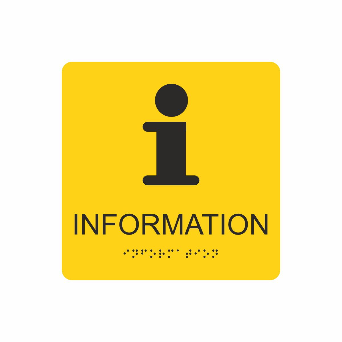 Gul och svart informationsskylt med piktogram av bokstaven i, texten information står under symbolen och punktskrift längst ned
