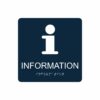 Mörkblå och vit informationsskylt med piktogram av bokstaven i, texten information står under symbolen och punktskrift längst ned