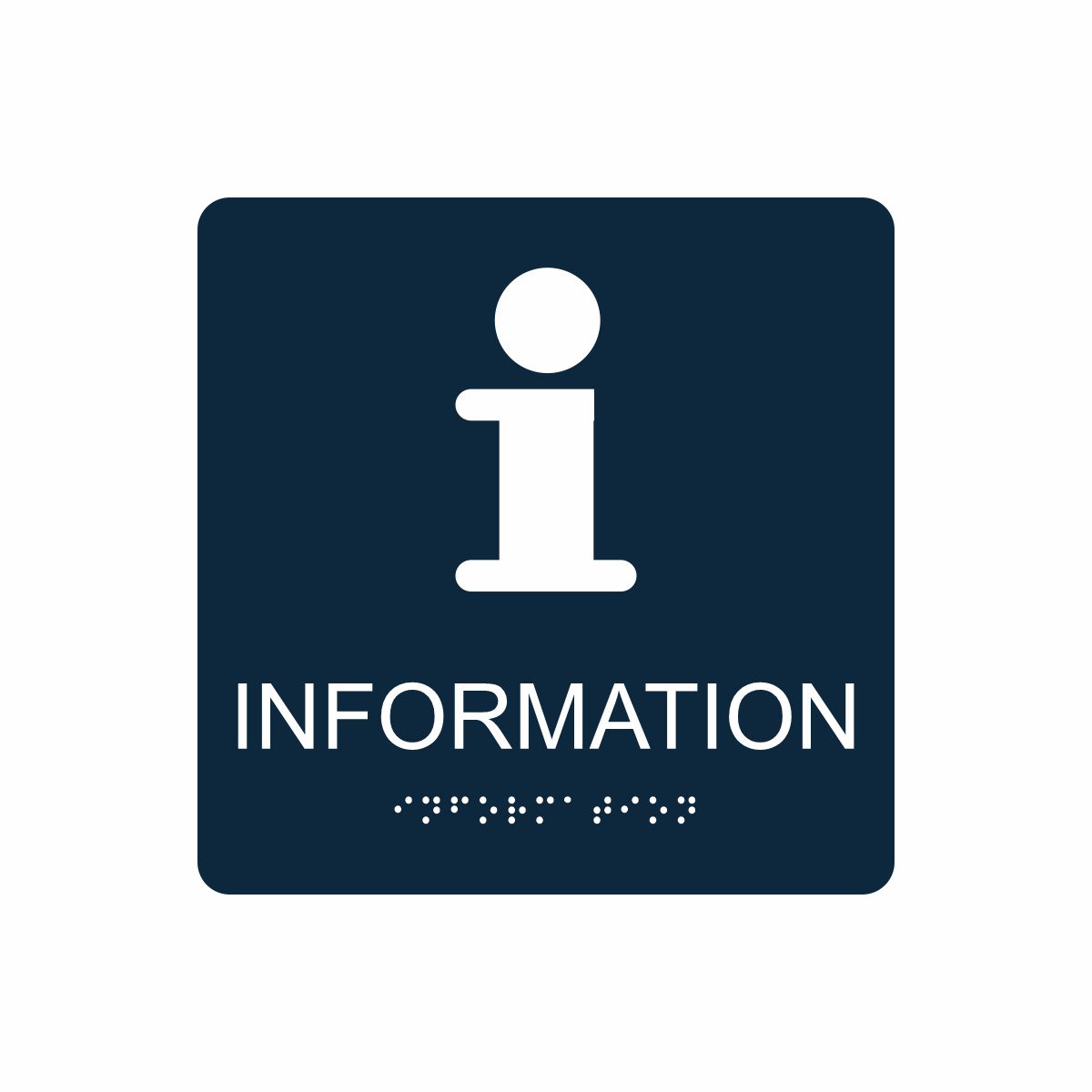 Mörkblå och vit informationsskylt med piktogram av bokstaven i, texten information står under symbolen och punktskrift längst ned