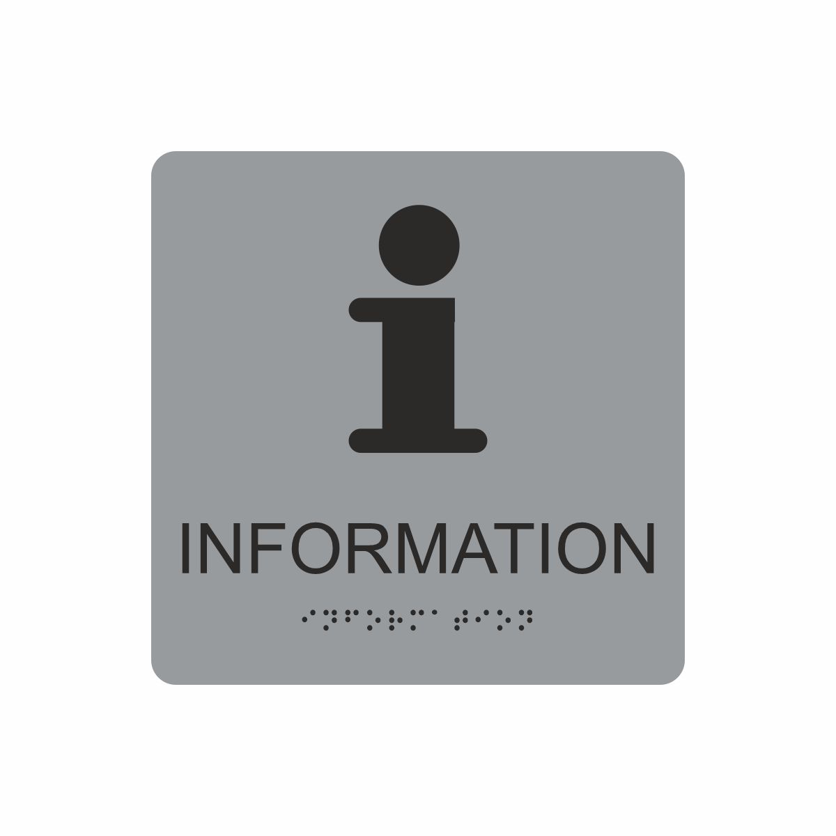 Silvergrå och svart informationsskylt med piktogram av bokstaven i, texten information står under symbolen och punktskrift längst ned