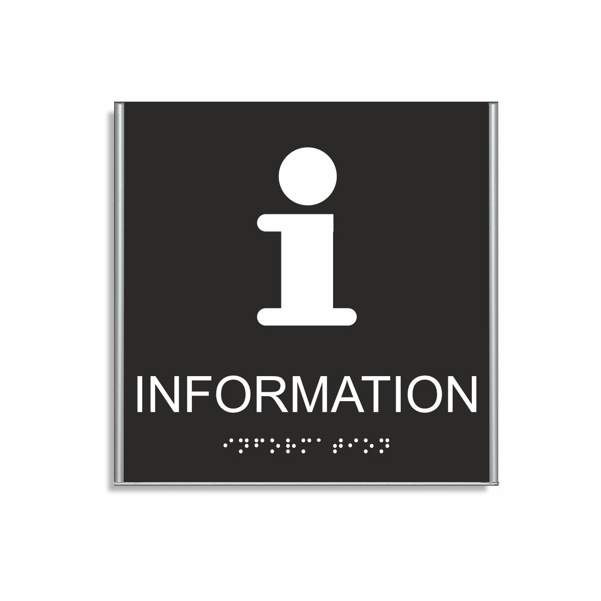 Svart och vit informationsskylt i storlek 150 x 150 mm med en tunn aluminiumram, med piktogram av bokstaven i, texten information står under symbolen och punktskrift längst ned