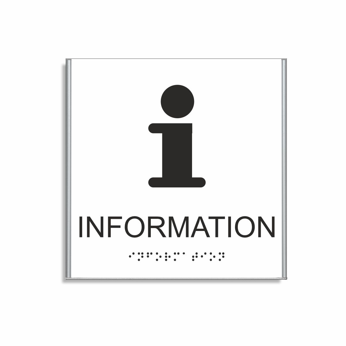 Vit och svart informationsskylt i storlek 150 x 150 mm med en tunn aluminiumram, med piktogram av bokstaven i, texten information står under symbolen och punktskrift längst ned