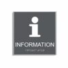 Charcoal grå och vit informationsskylt i storlek 150 x 150 mm med en tunn aluminiumram, med piktogram av bokstaven i, texten information står under symbolen och punktskrift längst ned