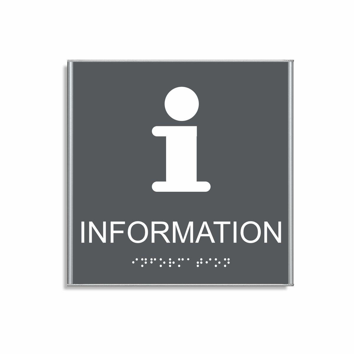 Charcoal grå och vit informationsskylt i storlek 150 x 150 mm med en tunn aluminiumram, med piktogram av bokstaven i, texten information står under symbolen och punktskrift längst ned