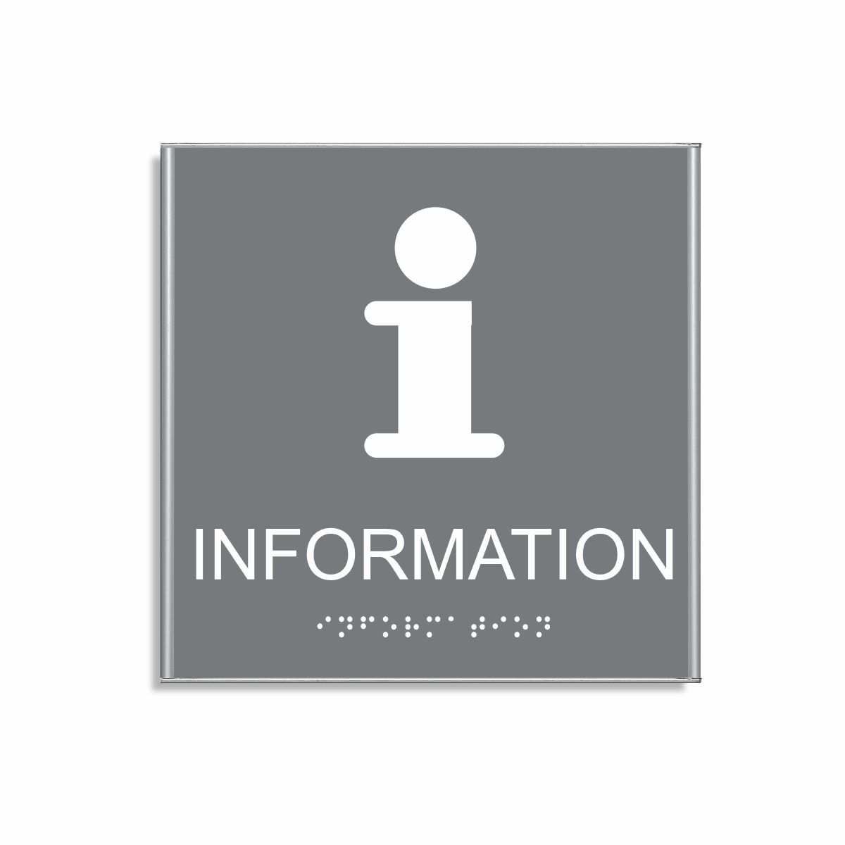 Grå och vit informationsskylt i storlek 150 x 150 mm med en tunn aluminiumram, med piktogram av bokstaven i, texten information står under symbolen och punktskrift längst ned