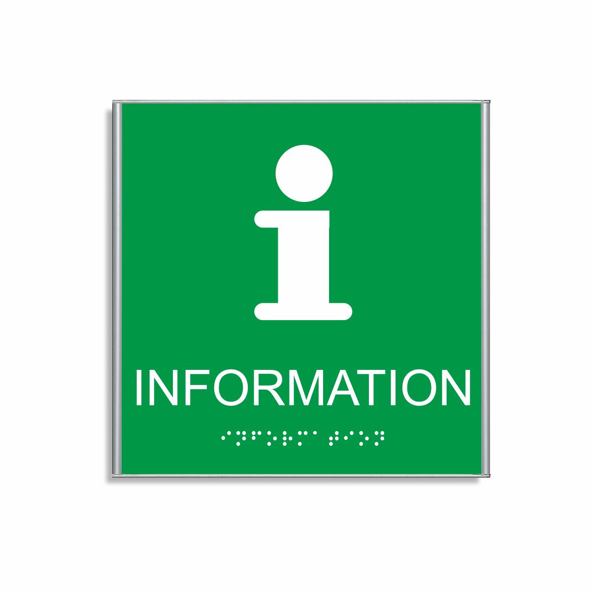 Grön och vit informationsskylt i storlek 150 x 150 mm med en tunn aluminiumram, med piktogram av bokstaven i, texten information står under symbolen och punktskrift längst ned