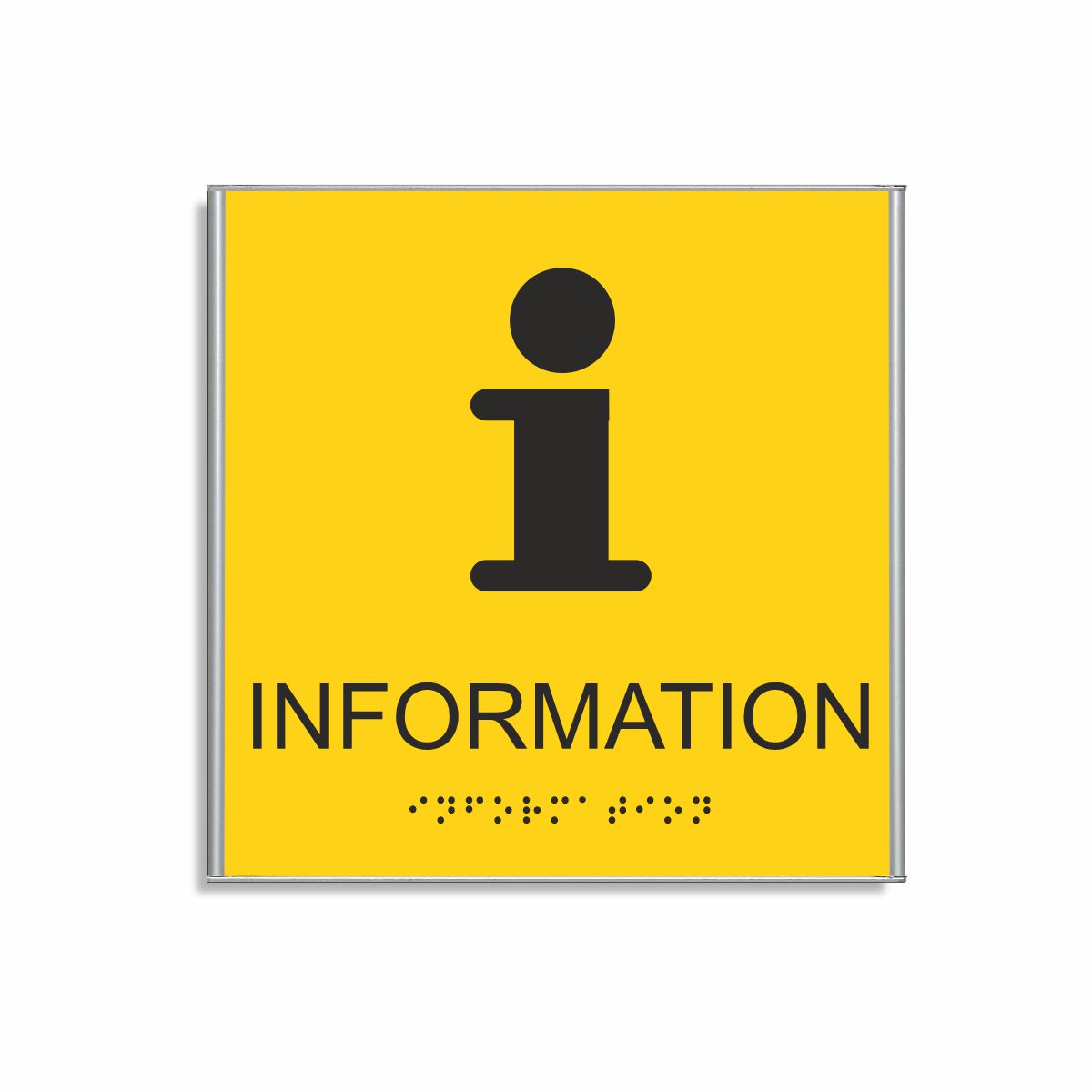 Gul och svart informationsskylt i storlek 150 x 150 mm med en tunn aluminiumram, med piktogram av bokstaven i, texten information står under symbolen och punktskrift längst ned