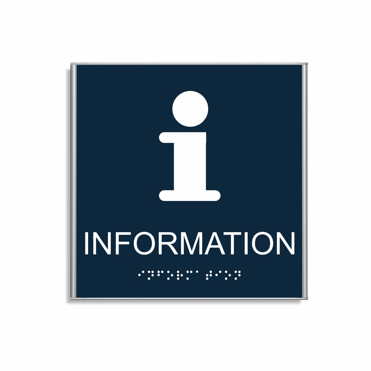 Mörkblå och vit informationsskylt i storlek 150 x 150 mm med en tunn aluminiumram, med piktogram av bokstaven i, texten information står under symbolen och punktskrift längst ned
