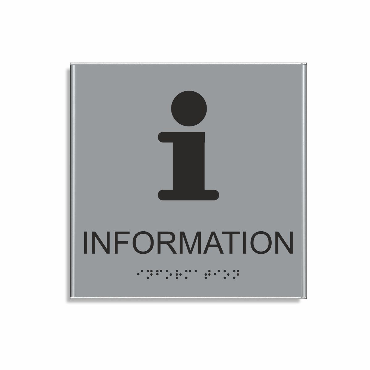 Silvergrå och svart informationsskylt i storlek 150 x 150 mm med en tunn aluminiumram, med piktogram av bokstaven i, texten information står under symbolen och punktskrift längst ned