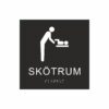 Svart och vit skylt för skötrum med piktogram av en person som byter blöja på ett barn på skötbord, texten skötrum står under symbolen och punktskrift längst ned