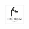Vit och svart skylt för skötrum med piktogram av en person som byter blöja på ett barn på skötbord, texten skötrum  står under symbolen och punktskrift längst ned