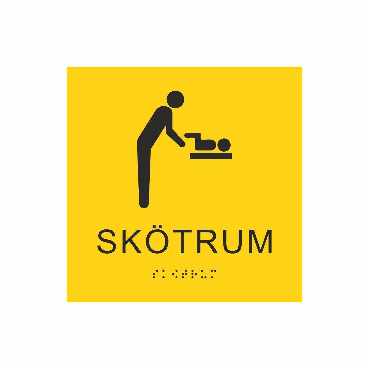Gul och svart skylt för skötrum med piktogram av en person som byter blöja på ett barn på skötbord, texten skötrum står under symbolen och punktskrift längst ned