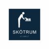 Mörkblå och vit skylt för skötrum med piktogram av en person som byter blöja på ett barn på skötbord, texten skötrum står under symbolen och punktskrift längst ned