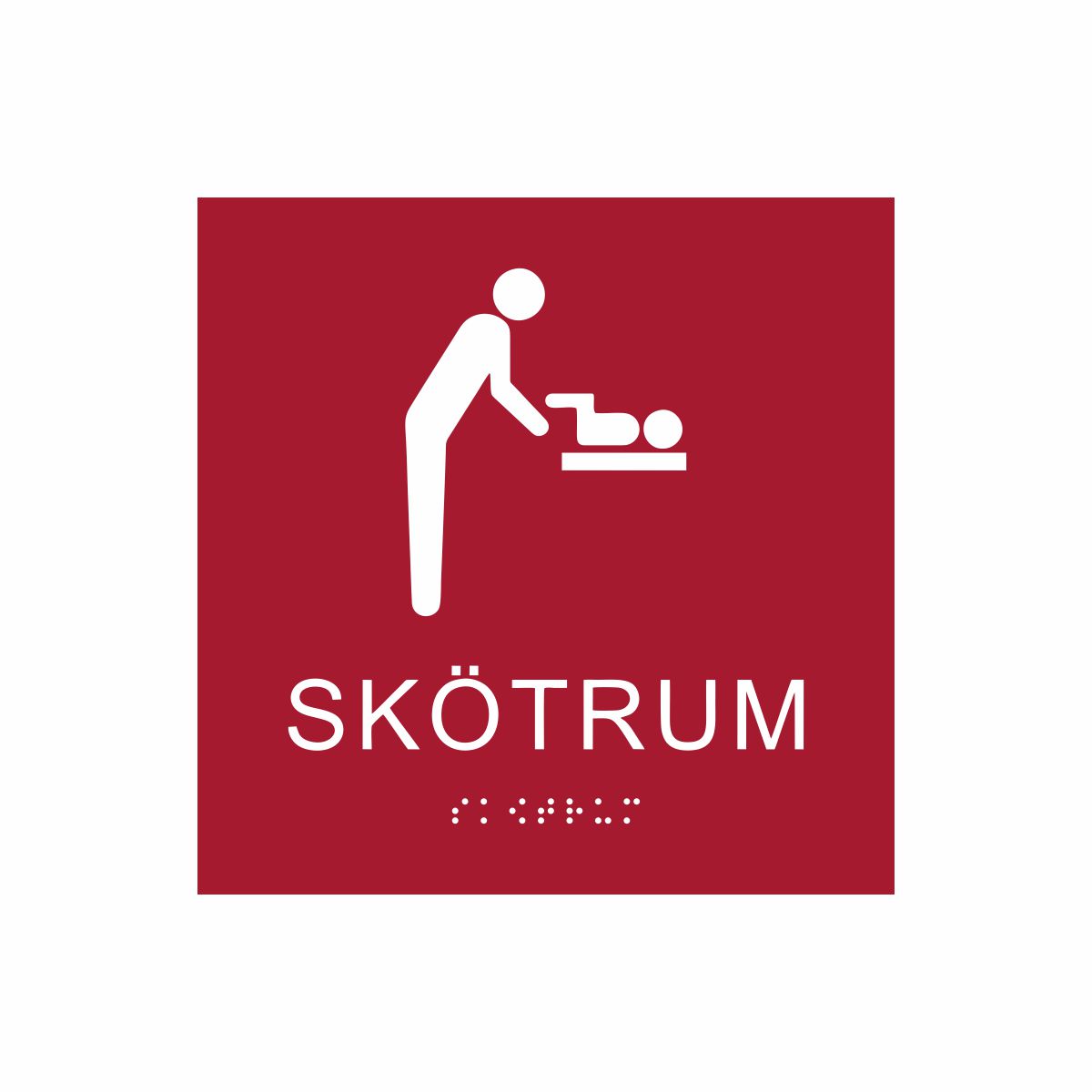 Röd och vit skylt för skötrum med piktogram av en person som byter blöja på ett barn på skötbord, texten skötrum står under symbolen och punktskrift längst ned