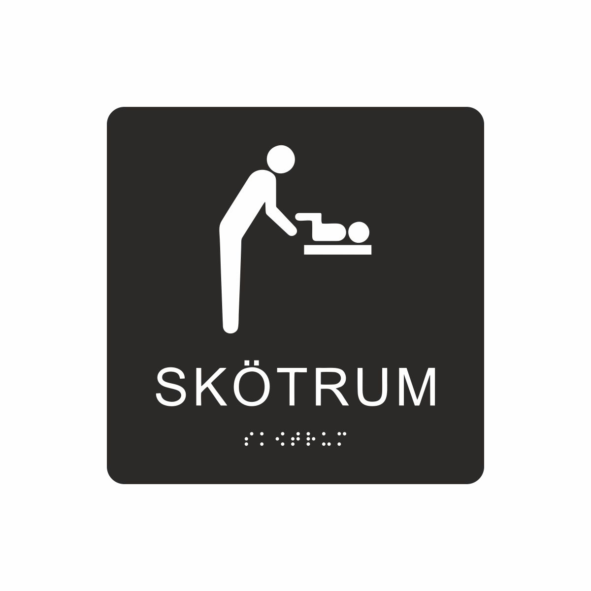 Svart och vit skylt för skötrum med piktogram av en person som byter blöja på ett barn på skötbord, texten skötrum står under symbolen och punktskrift längst ned