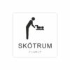 Vit och svart skylt för skötrum med piktogram av en person som byter blöja på ett barn på skötbord, texten skötrum står under symbolen och punktskrift längst ned