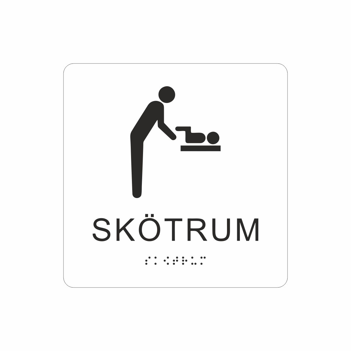 Vit och svart skylt för skötrum med piktogram av en person som byter blöja på ett barn på skötbord, texten skötrum står under symbolen och punktskrift längst ned