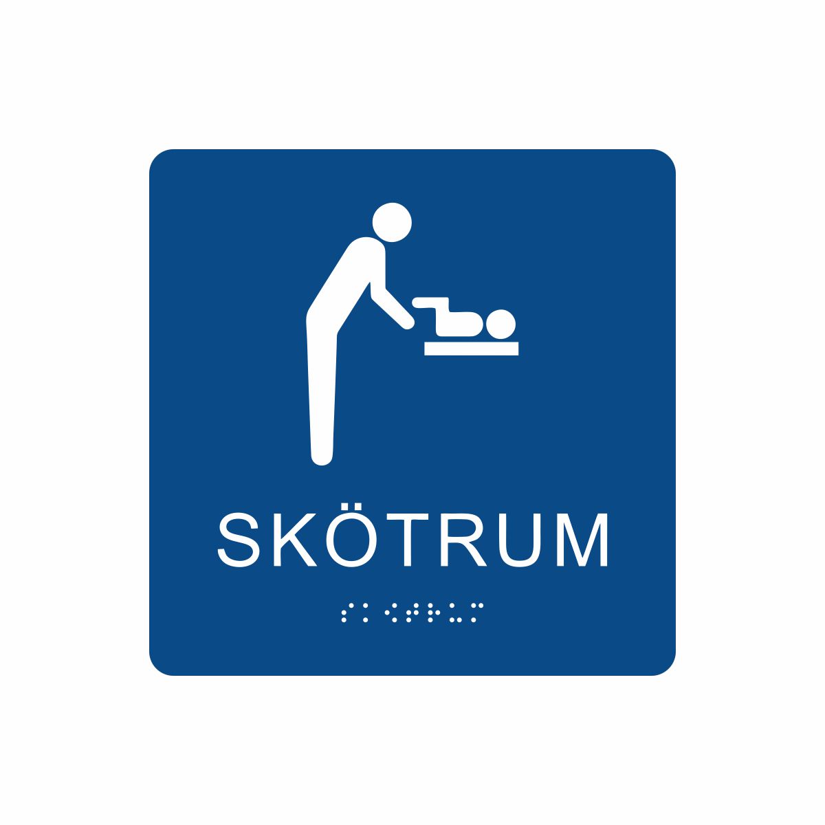 Blå och vit skylt för skötrum med piktogram av en person som byter blöja på ett barn på skötbord, texten skötrum står under symbolen och punktskrift längst ned