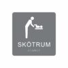 Grå och vit skylt för skötrum med piktogram av en person som byter blöja på ett barn på skötbord, texten skötrum står under symbolen och punktskrift längst ned