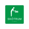 Grön och vit skylt för skötrum med piktogram av en person som byter blöja på ett barn på skötbord, texten skötrum står under symbolen och punktskrift längst ned