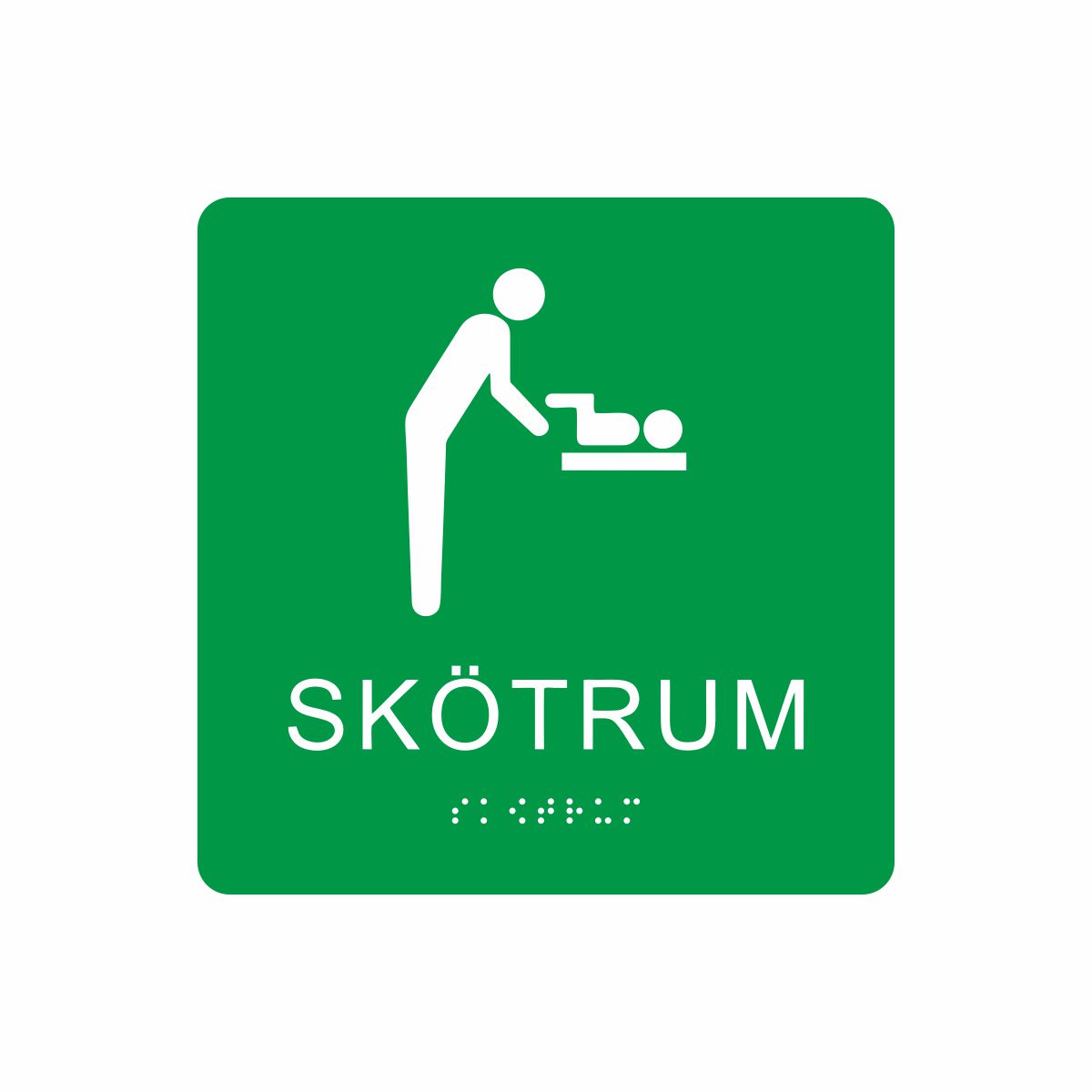 Grön och vit skylt för skötrum med piktogram av en person som byter blöja på ett barn på skötbord, texten skötrum står under symbolen och punktskrift längst ned