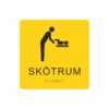 Gul och svart skylt för skötrum med piktogram av en person som byter blöja på ett barn på skötbord, texten skötrum står under symbolen och punktskrift längst ned