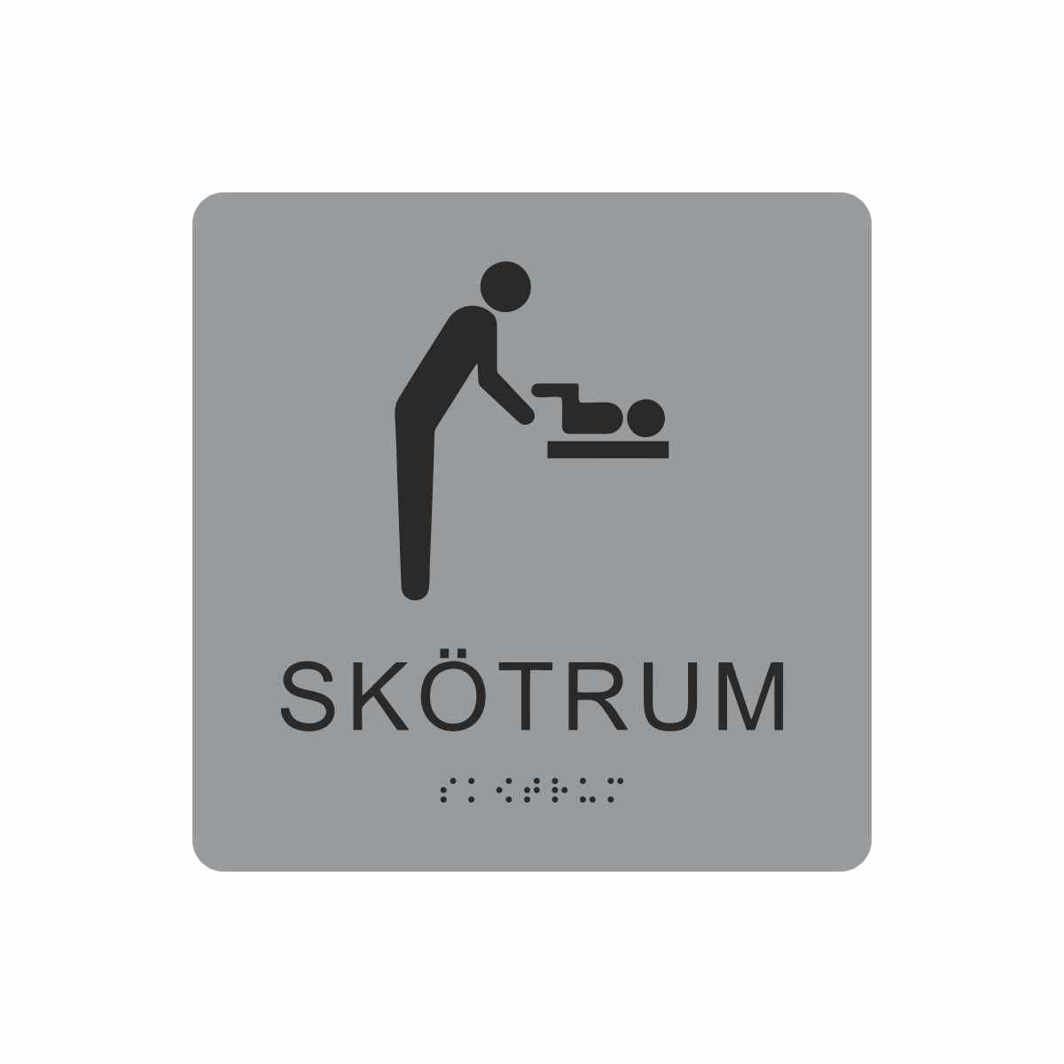 Silvergrå och svart skylt för skötrum med piktogram av en person som byter blöja på ett barn på skötbord, texten skötrum står under symbolen och punktskrift längst ned