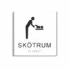 Vit och svart skylt för skötrum i storlek 150 x 150 mm med en tunn aluminiumram, med piktogram av en person som byter blöja på ett barn på skötbord, texten skötrum står under symbolen och punktskrift längst ned