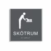 Charcoal grå och vit skylt för skötrum i storlek 150 x 150 mm med en tunn aluminiumram, med piktogram av en person som byter blöja på ett barn på skötbord, texten skötrum står under symbolen och punktskrift längst ned