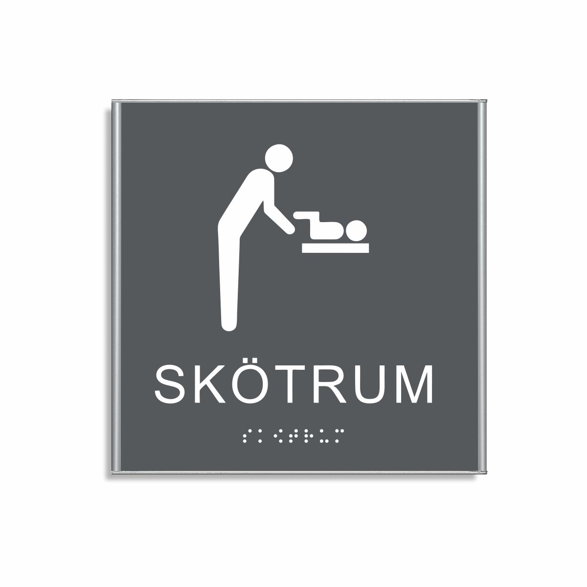 Charcoal grå och vit skylt för skötrum i storlek 150 x 150 mm med en tunn aluminiumram, med piktogram av en person som byter blöja på ett barn på skötbord, texten skötrum står under symbolen och punktskrift längst ned