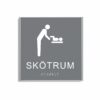 Grå och vit skylt för skötrum i storlek 150 x 150 mm med en tunn aluminiumram, med piktogram av en person som byter blöja på ett barn på skötbord, texten skötrum står under symbolen och punktskrift längst ned