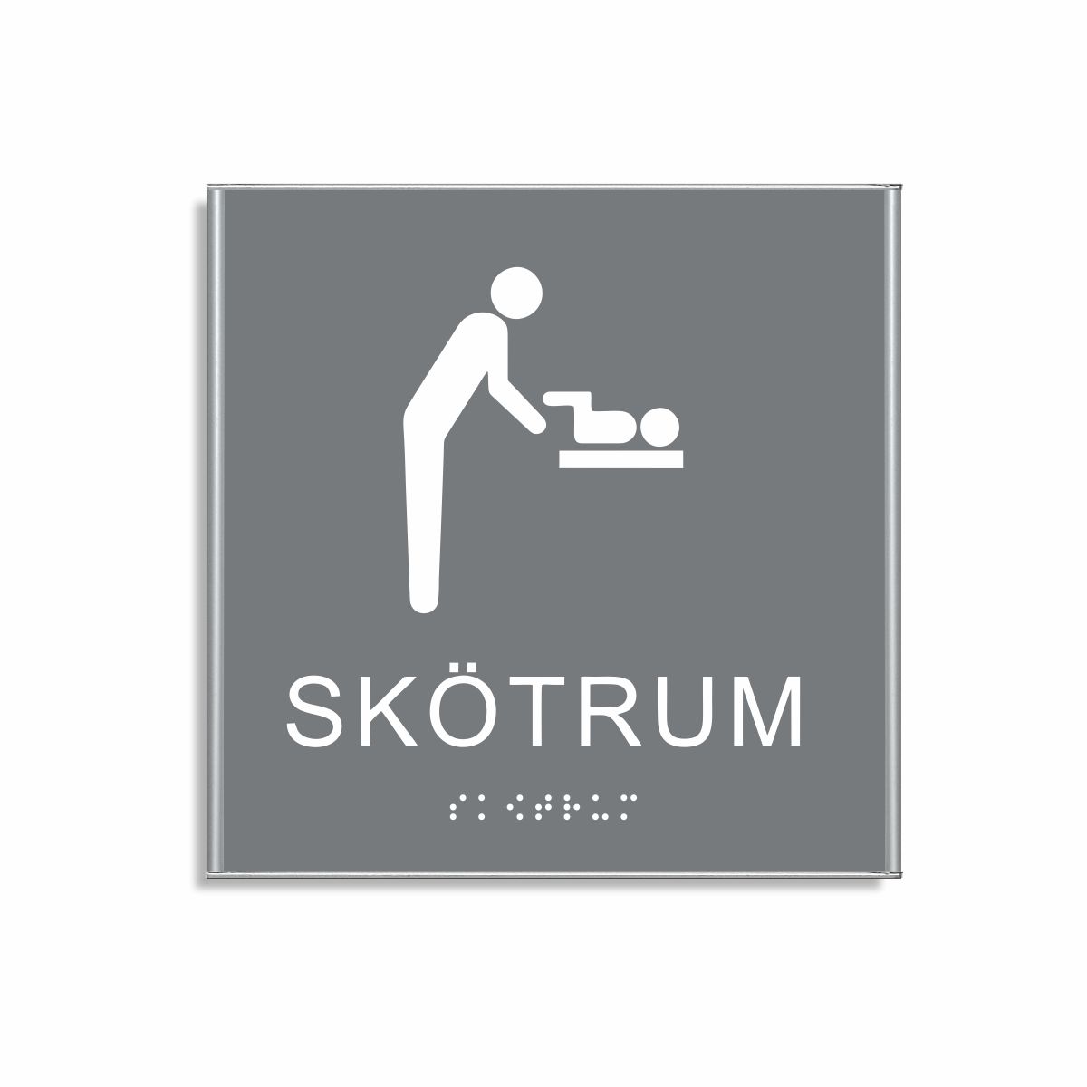 Grå och vit skylt för skötrum i storlek 150 x 150 mm med en tunn aluminiumram, med piktogram av en person som byter blöja på ett barn på skötbord, texten skötrum står under symbolen och punktskrift längst ned