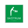 Grön och vit skylt för skötrum i storlek 150 x 150 mm med en tunn aluminiumram, med piktogram av en person som byter blöja på ett barn på skötbord, texten skötrum står under symbolen och punktskrift längst ned