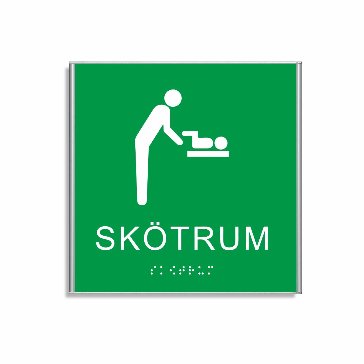 Grön och vit skylt för skötrum i storlek 150 x 150 mm med en tunn aluminiumram, med piktogram av en person som byter blöja på ett barn på skötbord, texten skötrum står under symbolen och punktskrift längst ned