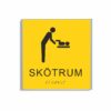 Gul och svart skylt för skötrum i storlek 150 x 150 mm med en tunn aluminiumram, med piktogram av en person som byter blöja på ett barn på skötbord, texten skötrum står under symbolen och punktskrift längst ned