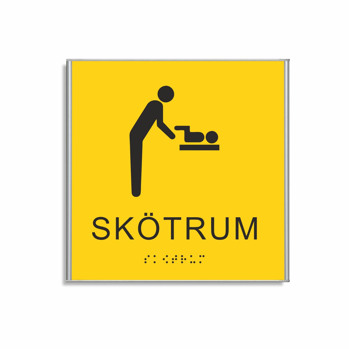 Gul och svart skylt för skötrum i storlek 150 x 150 mm med en tunn aluminiumram, med piktogram av en person som byter blöja på ett barn på skötbord, texten skötrum står under symbolen och punktskrift längst ned