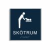 Mörkblå och vit skylt för skötrum i storlek 150 x 150 mm med en tunn aluminiumram, med piktogram av en person som byter blöja på ett barn på skötbord, texten skötrum står under symbolen och punktskrift längst ned