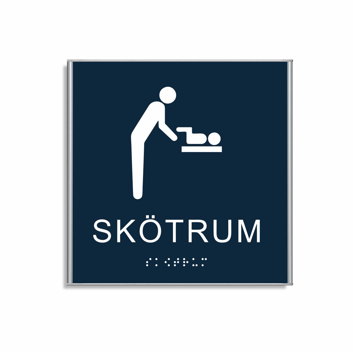 Mörkblå och vit skylt för skötrum i storlek 150 x 150 mm med en tunn aluminiumram, med piktogram av en person som byter blöja på ett barn på skötbord, texten skötrum står under symbolen och punktskrift längst ned