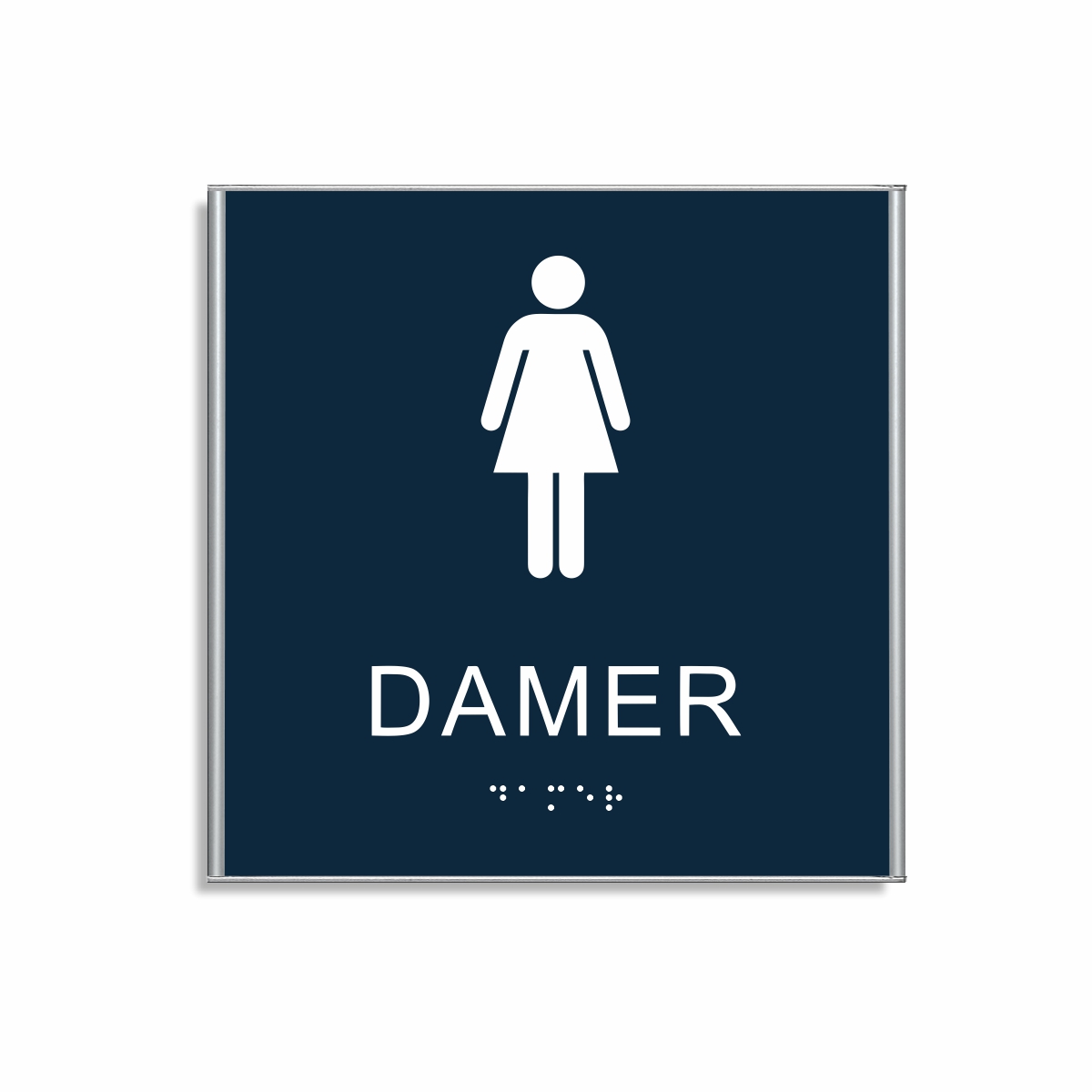 Mörkblå och vit toalett­skylt i storlek 150 x 150 mm med en tunn aluminiumram, med piktogram av en kvinna, texten damer står under symbolen och punktskrift längst ned