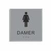 Silvergrå och svart toalett­skylt i storlek 150 x 150 mm med en tunn aluminiumram, med piktogram av en kvinna, texten damer står under symbolen och punktskrift längst ned