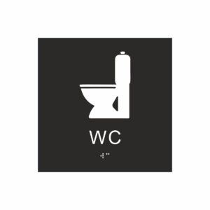 Svart och vit toalett­skylt med piktogram av en toalettstol, texten wc står under symbolen och punktskrift längst ned