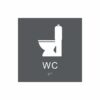 Charcoalgrå och vit toalett­skylt med piktogram av en toalettstol, texten wc står under symbolen och punktskrift längst ned