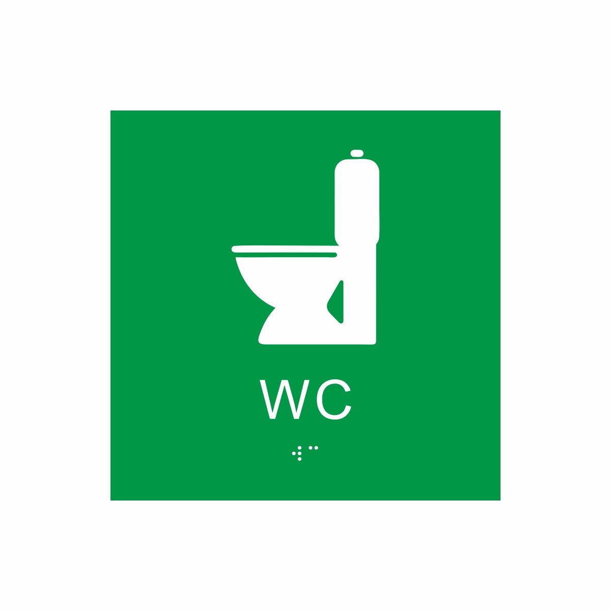 Grön och vit toalett­skylt med piktogram av en toalettstol, texten wc står under symbolen och punktskrift längst ned